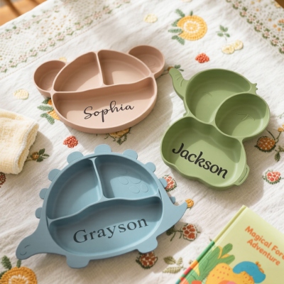 Custom Food Grade Silicone Elephant Baby Divided Suction Feeding Set with Name, New Baby Toddler Dinnerware, First Birthday/Baby Shower Gift