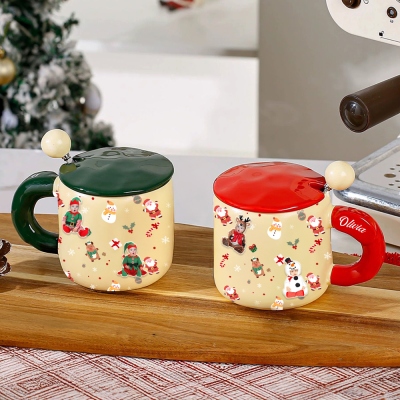 Personalized Name Christmas Theme Mug with Magnetic Photo Decors, Ceramic Mug with Lid and Spoon, Christmas Stocking Stuffer, Christmas Gift for Kids