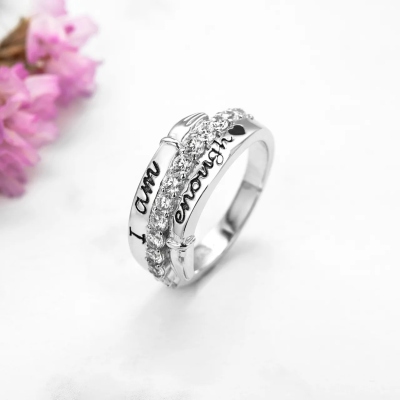 Custom Double Names “I Am Enough” Hug Ring with Birthstone, Sterling Silver 925 Self Love Ring, Inspirational Jewelry, Birthday Gift for Friends/Women