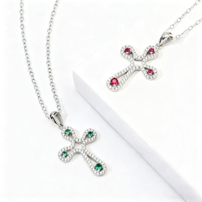Custom 1-4 Birthstones Cross Necklace, Elegant Sterling Silver 925 Christian Faith Jewelry, Birthday/Baptism/Christmas Gift for Family/Women/Friends