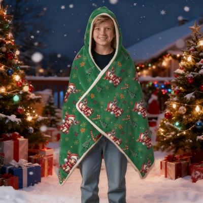 Personalized Christmas Cartoon Animals Soft Hooded Blanket with Name, Multicolor Christmas Hooded Blanket, Christmas Gift for Kids