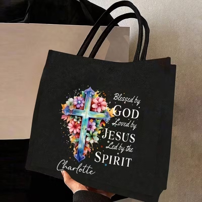 Personalized Name Cross Bible Verses Floral Tote Bag & Coin Purse Set, Christening Scripture Bag, Birthday/Christmas/First Communion Gift for Women