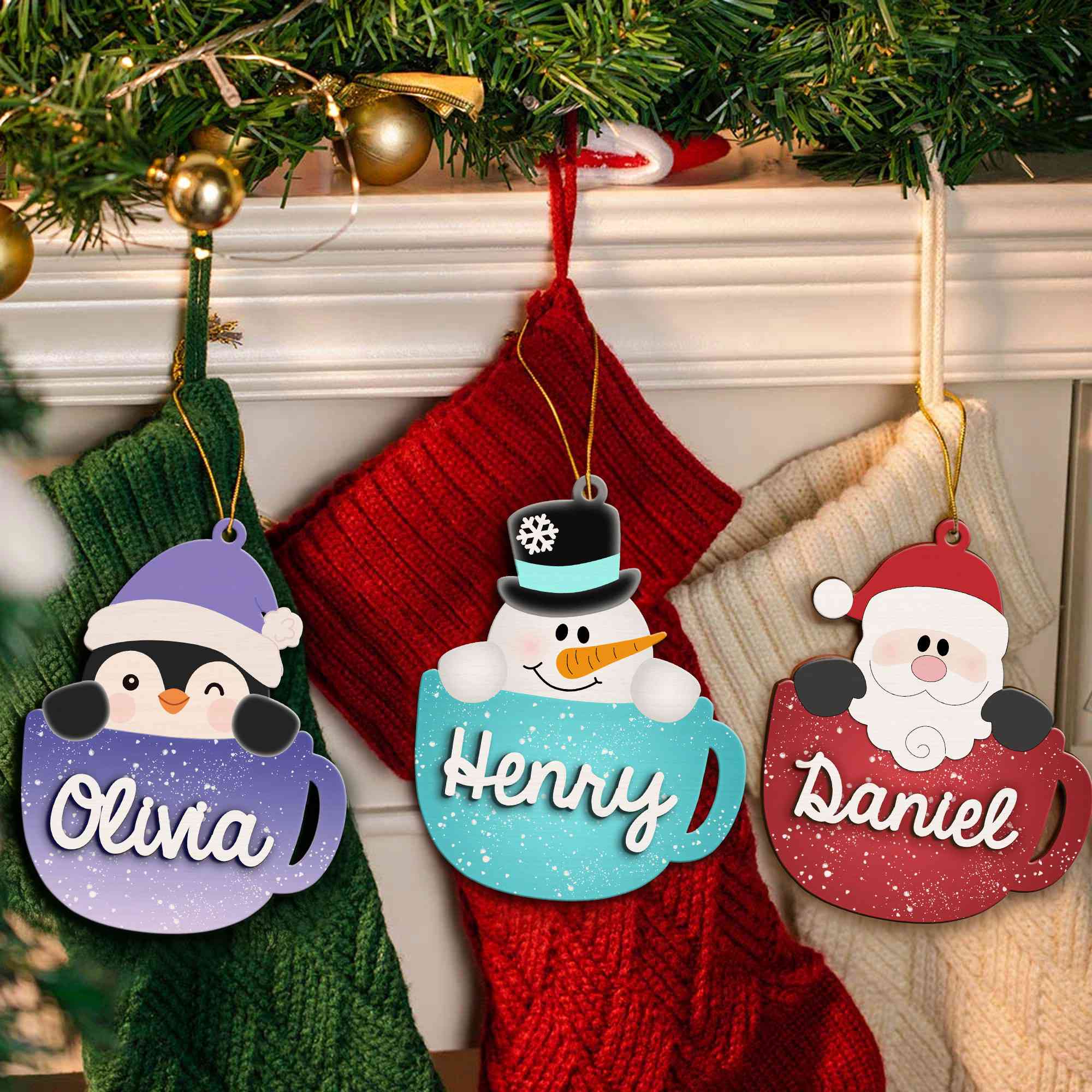 Ornements De Noël En Bois Personnalisables Avec Les Prénoms De La Famille - Lot Pour 4 Personnes - Décoration Sapin Souvenir - 4