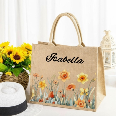 Custom Name Watercolor Birth Flower Tote Bag, Large Capacity Jute Bag, Burlap Beach Bag, Bridal Shower Favor, Birthday/Mother's Day Gift for Her/Mom