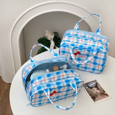 Personalized Name Blue Plaid Handbag with Bow, Multi-Compartment Makeup Organizer, Travel Makeup Bag, Christmas/Birthday Gift for Her/Girls/Daughters