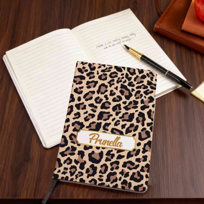 Personalized Animal Print Notebook, Custom Name Journal, Multi-Color Leopard & Highland Cow Pattern, Stylish Gift