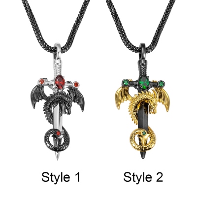 DND Sword Dragon Necklace with Birthstone, Brass Necklace, DND Jewelry Gift for Him, Dragon Gift for Dragon Lovers