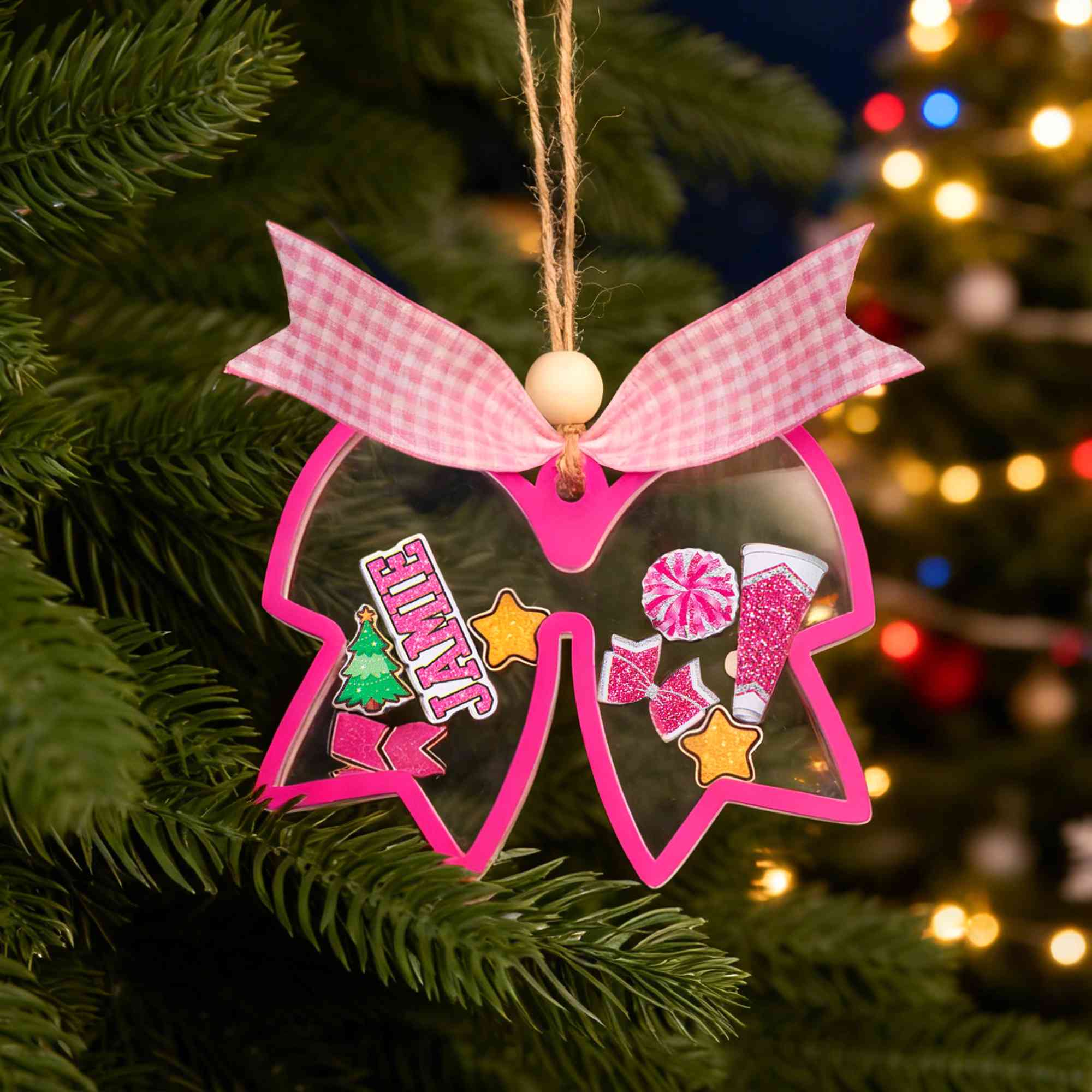 Personalized 3D Cheerleading Bow Tie Pom Pom Christmas Shaker