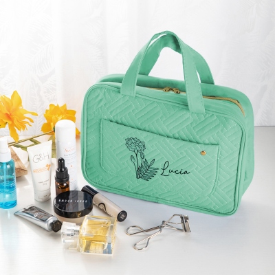Personalized Names and Birth Flower Cosmetic Travel Bag, Foldable Make Up Organizer, Makeup Bag, Hanging Toiletry Bag for Women, Weekender Bag