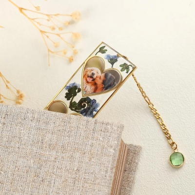 Personalized Photo Pressed Flower Bookmark with Birthstone, Memorial Floral Bookmark, Reading Accessory, Birthday Gift for Book Lovers/Bookworms