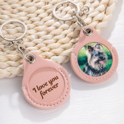 Custom Pet Photo Leather Keychain with Message, Personalized Picture Text Keychain, Memorial/Pet Sympathy Present, Gift for Pet Lover/Owner