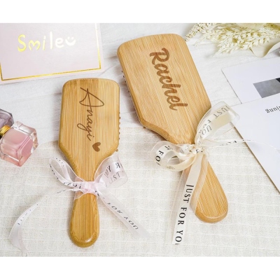 Personalized Engraved Name Wooden Comb for Bridesmaids, Elegant Hair Brush with Ribbon, Bridal Party Favor, Wedding/Proposal/Birthday for Her/Bestie