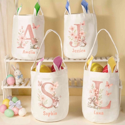 Personalized Name Watercolor Floral Rabbit Alphabet Bucket Bag with Bunny Ears, Cotton Linen Easter Egg Hunt Basket, Easter Gift for Kids/Boys/Girls