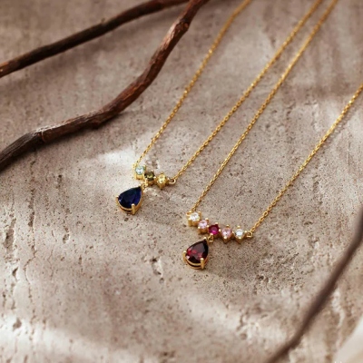 Personalized 2-8 Birthstones Teardrop Pendant Necklace, Dainty Sterling Silver 925 Family Jewelry, Mother's Day/Birthday Gift for Her/Mom/Grandma