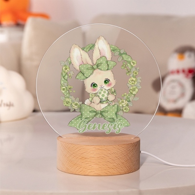 Personalised Name Easter Bunny & Floral Wreath LED Night Light, Acrylic Night Lamp with Wooden Base, Nursery Home Decor, Easter/Birthday Gift for Kids