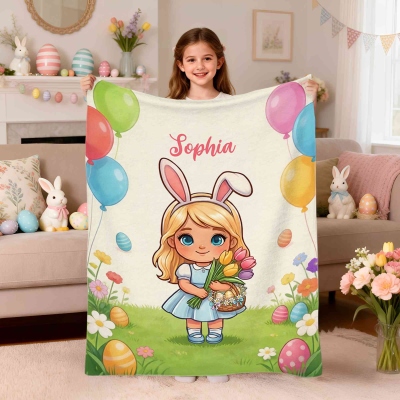 Personalized Name Cartoon Easter Egg Character Blanket, Flannel/Sherpa Throw for Bed Couch, Home Decor, Birthday/Easter Gift for Kids/Boys/Girls