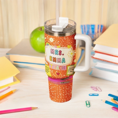 Personalized Name Composition Notebook Teacher's Tumbler, Stainless Steel 40oz Travel Mug with Handle, Back to School/Appreciation Gift for Teachers
