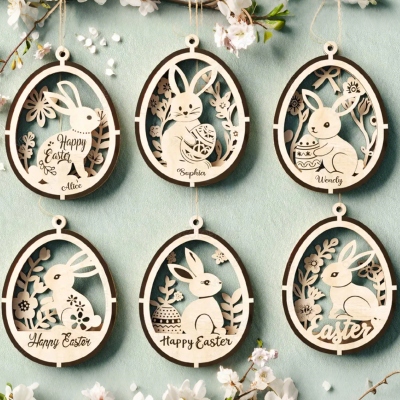 Personlig kanin påskägg blommig laserskuren ornament med namn, söt 3D-lagerhängande dekor, påskminne, påskpresent till barn/familj/vänner