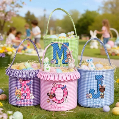 Custom Name Cartoon Easter Boy/Girl Character Alphabet Gingham Easter Basket with Ruffle, Multicolor Easter Treat Bag, Easter Gift for Kids/Boys/Girls