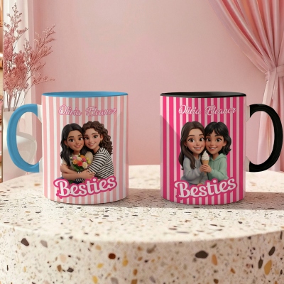 Custom Photo & Names Cartoon Besties Striped Mug, 11oz/15oz Two Tone Ceramic Coffee Mug with Coaster, Friendship Mug, Gift for Besties/Sisters/Friends