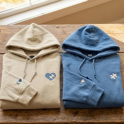 Personalized Initial Embroidered Heart and Puzzle Couple Shirt, Multicolor Crewneck Sweatshirt/Hoodie, Anniversary/Valentine's Day Gift for Him/Her