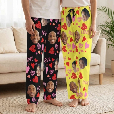 Personalized Couple's Portraits Heart Prints Pajama Pants, Face Photos Lounge Pants, Anniversary/Valentine's Day/Wedding Gift for Couple/Newlyweds