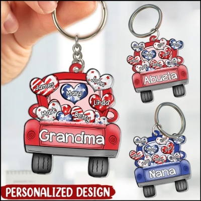 Custom Kid Names Truck Loading Heart Family Keychain, Acrylic 4th of July Keychain, Birthday/Independence Day Gift for Grandmother/Mom/American Family