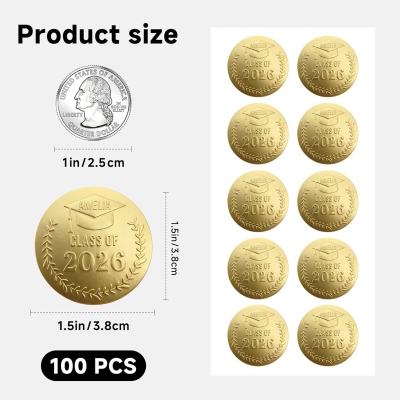 (Set of 12pcs)Personalized Name Class of 2026 Embossed Stickers, Gold Foil Graduation Seal Labels, Party Favors, Gift of Graduates/Students/Classmates