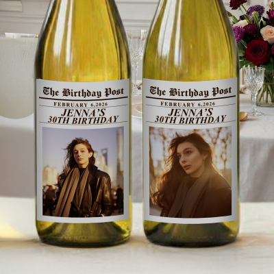 Personalized Photo & Name Birthday Newspaper Wine Stickers with Date, Waterproof Wine Bottle Labels, Party Decor, Birthday Gifts for Family/Friends