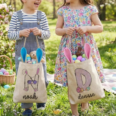 Personlig påskharepåse med namn, påskäggjaktspåse i bomullslinne med kaninöron, vårfestgåva, påskpresent till barn/pojkar/flickor