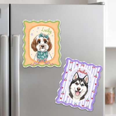 Personlig akvarell husdjursporträtt tecknad kylskåpsmagnet med namn, söt katt/hund fotorammagnet, heminredning, födelsedagspresent för husdjursägare/älskare