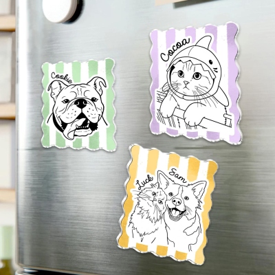 Anpassad randig kylskåpsmagnet med namn och husdjursporträtt, handritad hund-/kattfotomagnet med linjekonst, heminredning, födelsedagspresent till husdjursägare/hundmamma/familj