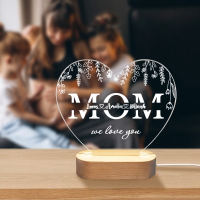Personalized Family Names Heart Shaped LED Night Light, Acrylic Night Lamp with Wooden Base, Birthday/Mother's Day Gift for Mom/Grandma/Family