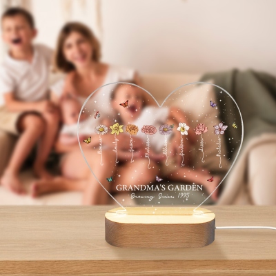Custom Names & Birth Flowers Grandma's Garden Heart LED Night Light, Acrylic Night Lamp with Wooden Base, Birthday/Mother's Day Gift for Mom/Grandma