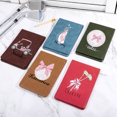 Custom Name Pink Coquette Bow Leather Golf Scorecard Holder, Golf Yardage Book Cover, Golf Accessories, Gift for Female Golfer/Her/Bridesmaids