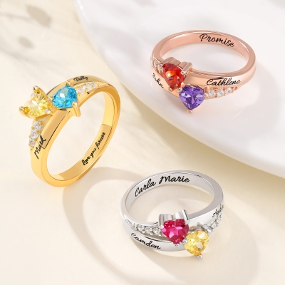 Engraved Double Heart Birthstone Ring Sterling Silver