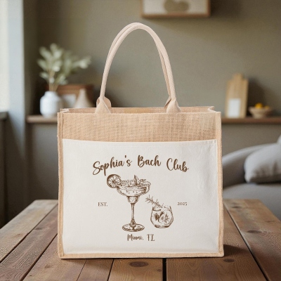 Custom Name Bach Club Jute Bag, Girls Trip Summer Vacation/Pool Beach Tote, Bachelorette Party Favor, Bridal Shower/Wedding Gift for Her/Bridesmaid
