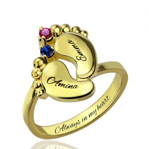 Engraved Baby Feet Birthstone Ring for Mom Gold Plated