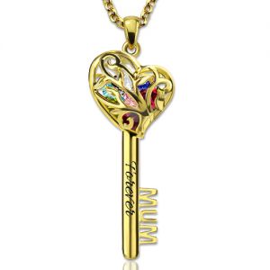 Mum Heart Cage Key Necklace With Birthstones Gold Plated