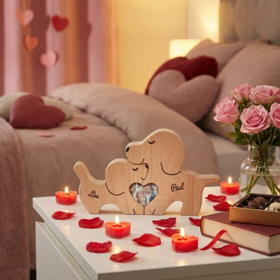 Personalized Names Dog Couple Puzzle with Heart Photo, Wooden Table Sign, Romantic Keepsake, Valentine's Day/Anniversary Gift for Her/Him/Couple