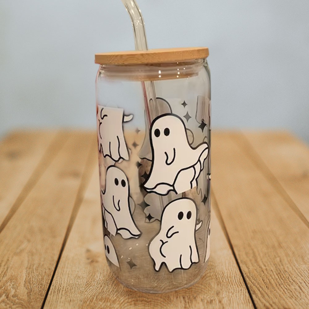 Ghost 16oz Glass Can with Wrap, SVG, Cute Ghost Decal SVG for Water ...