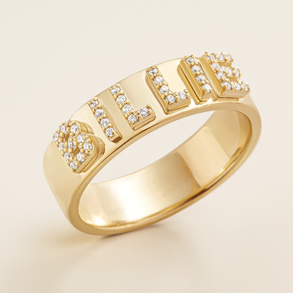 Custom 18K Gold Block Ring with Zirconia, Sterling Silver 925 Jewelry