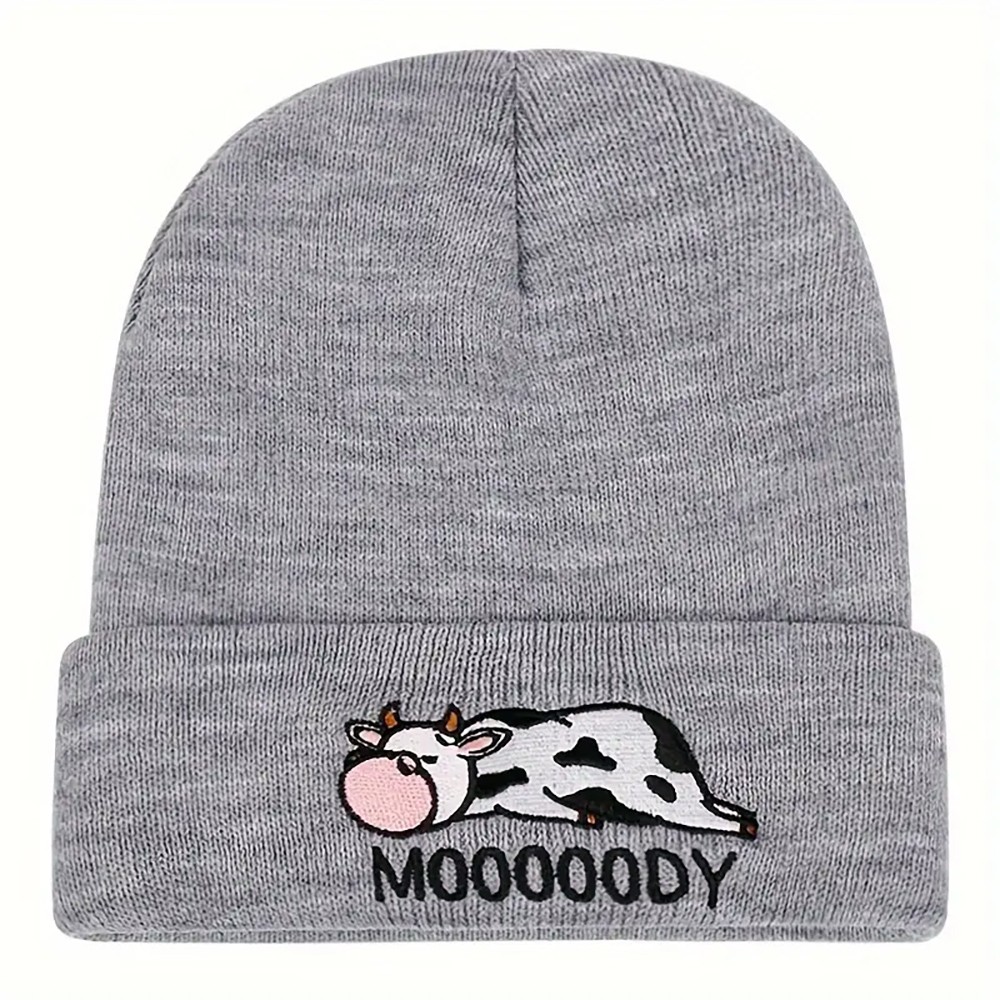 Cute Cow Embroidery Graphic Beanie Solid Color Elastic Skull Cap Lightweight Knitted Cap Cuff Beanie Hat Women Daily Use