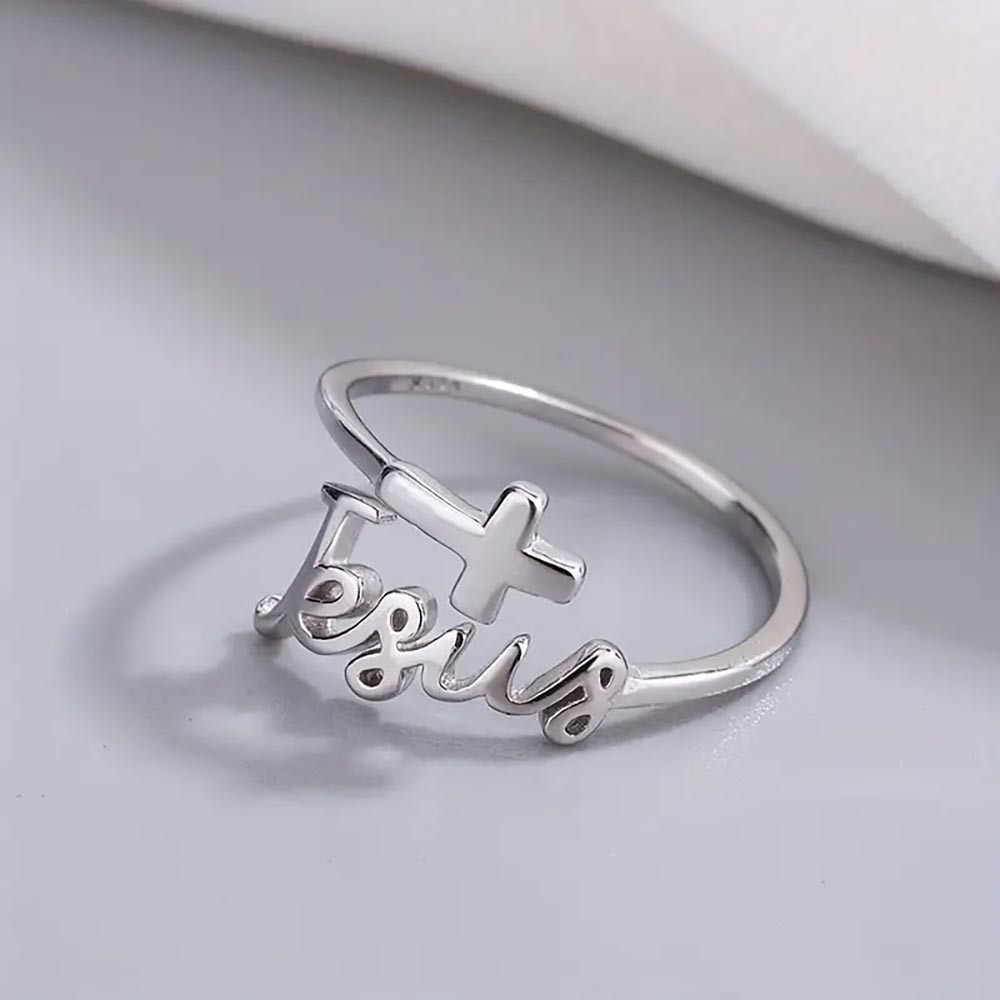 925 Sterling Silver Ring Fashionable Cross with 'Jesus' Design Adjustable Wrap Ring Matches Everyday Clothing Suitable for Men and Women