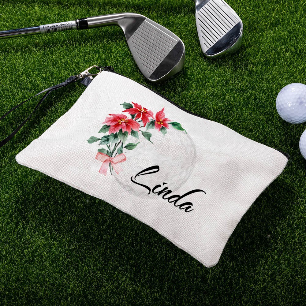 Personalized Birth Flower & Name Golf Cosmetic Bag, Custom Flax Sports Makeup Bag, Sports Accessory, Sports Gift for Golf Team/Player/Coach