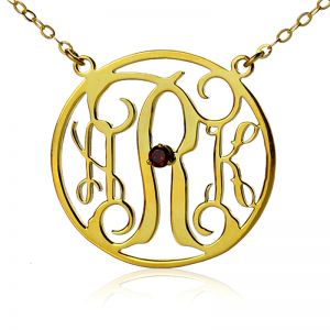 18k Gold Plated Circle Initial Monogram Necklace with Birthstone