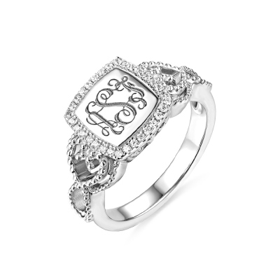 Classic Engraved Monogram Ring with Crystal for Women