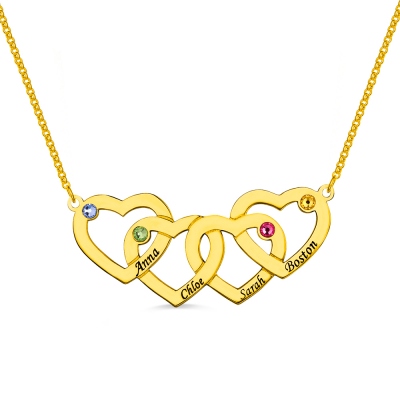 Four Hearts Names&Birthstones Necklace Gold Plated Silver
