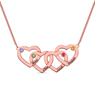 Four Hearts Names&Birthstones Necklace Rose Gold Plated Silver