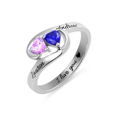 Engraved Two Heart Birthstones Promise Ring In Silver